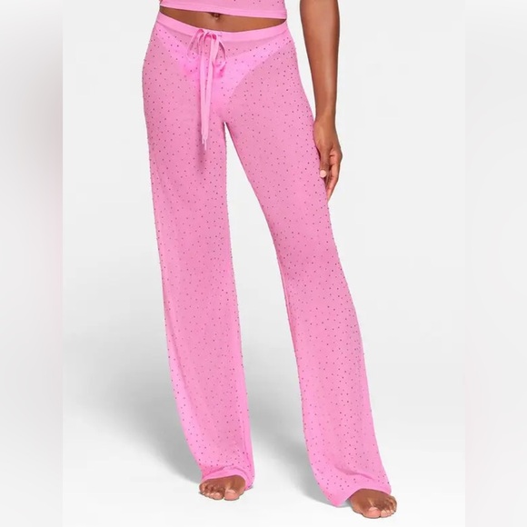 SKIMS mesh rhinestone cover up pants taffy Barbiecore Pink Wide Leg Plus Size 4X - Picture 1 of 10